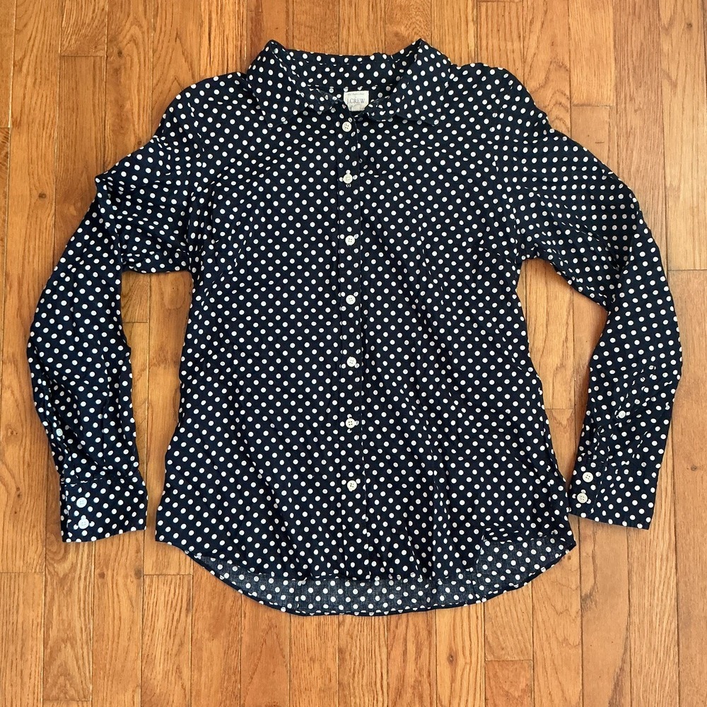 J. CREW Button Down Perfect Shirt Navy white Polka Dot SIZE MEDIUM Long sleeve